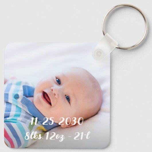 パーソナライズされた生まれたばかりのベビー写真の名前と誕生の詳細 キーホルダー (裏面)