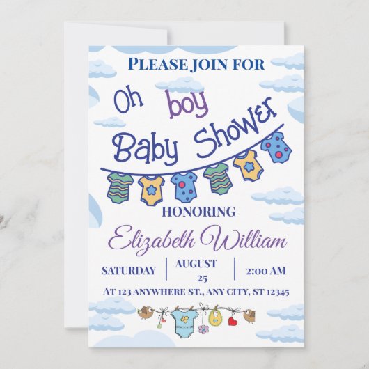 パーソナライズされた男の子のベビーシャワー招待状 招待状 (正面)