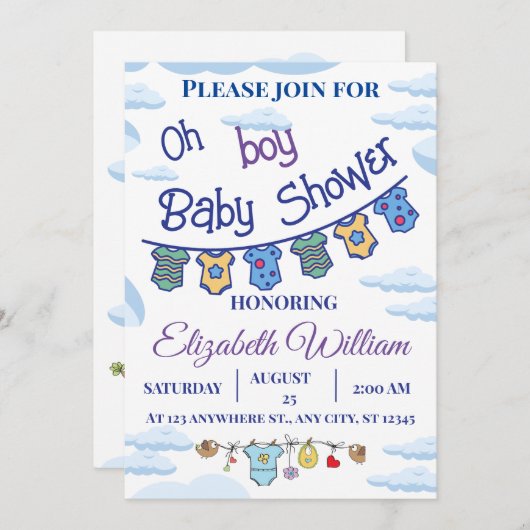 パーソナライズされた男の子のベビーシャワー招待状 招待状 (正面/裏面)