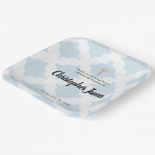 パーソナライズされた男の赤ちゃんブルーバプテスマ&金ゴールドクロスパ ペーパープレート (傾斜あり)