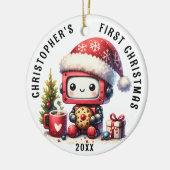 パーソナライズされた男の赤ちゃん初めてのクリスマスかわいいロボット セラミックオーナメント (左)