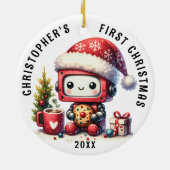 パーソナライズされた男の赤ちゃん初めてのクリスマスかわいいロボット セラミックオーナメント (裏面)