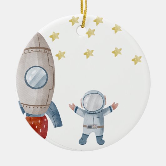 パーソナライズされた男の赤ちゃん宇宙飛行士初めてのクリスマス セラミックオーナメント (正面)