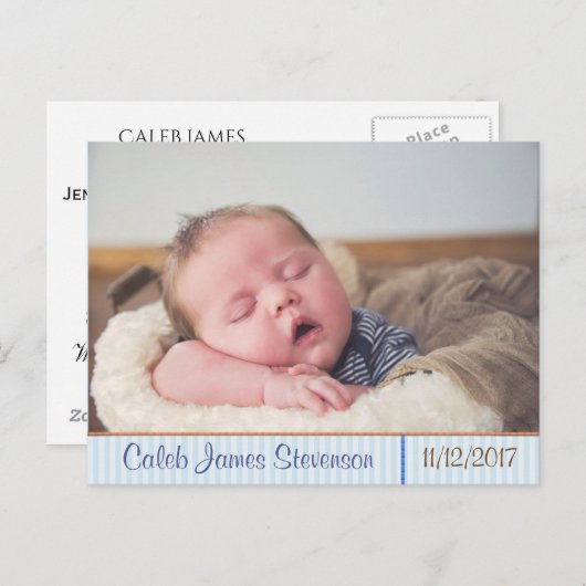パーソナライズされた男の赤ちゃん誕生発表葉書 案内ポストカード (正面/裏面)