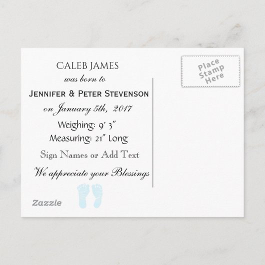 パーソナライズされた男の赤ちゃん誕生発表葉書 案内ポストカード (裏面)