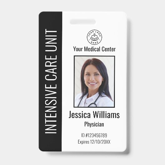 パーソナライズされた病院職員ロゴ写真ブラックID バッジ (正面)