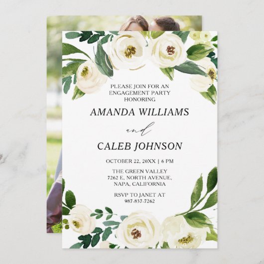 パーソナライズされた白い花婚約パーティ 招待状 (正面/裏面)
