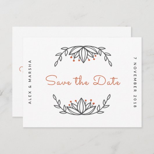 -パーソナライズされた白い葉の日付を保存 ポストカード (正面/裏面)