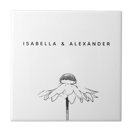 パーソナライズされた白フローラ線結婚記念日 タイル (正面)