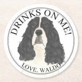 パーソナライズされた白黒イングリッシュスリンガースパニエル犬 ラウンドペーパーコースター