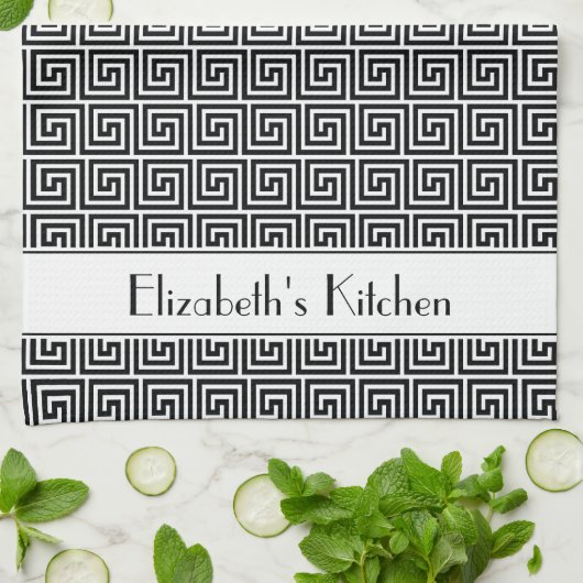 パーソナライズされた白黒ギリシャ鍵 キッチンタオル (折り畳み)