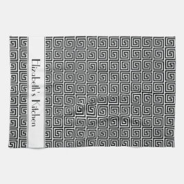パーソナライズされた白黒ギリシャ鍵 キッチンタオル