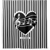 パーソナライズされた白黒ノートのハートストライプ シャワーカーテン (正面)