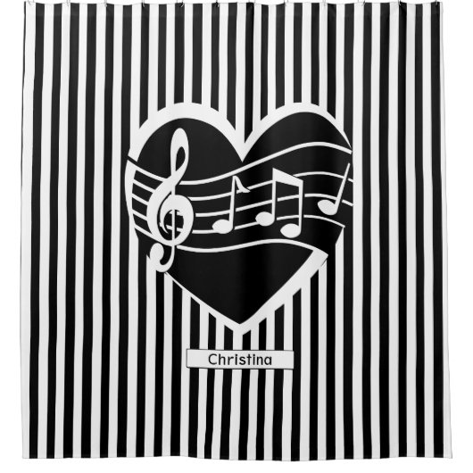 パーソナライズされた白黒ノートのハートストライプ シャワーカーテン (正面)