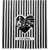 パーソナライズされた白黒ノートのハートストライプ シャワーカーテン (正面)