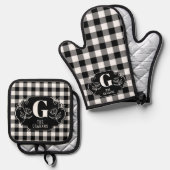 パーソナライズされた白黒バッファローチェック 鍋つかみ&鍋敷きセット (正面/裏面)
