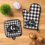 パーソナライズされた白黒バッファローチェック 鍋つかみ&鍋敷きセット (トップダウン)