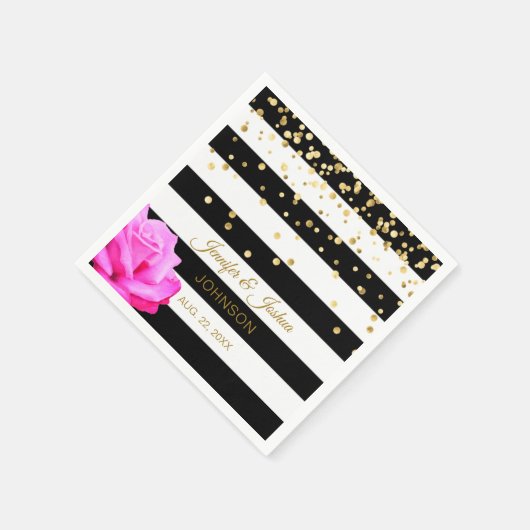 パーソナライズされた白黒ピンクローズ金ゴールド結婚ズ スタンダードカクテルナプキン (角)