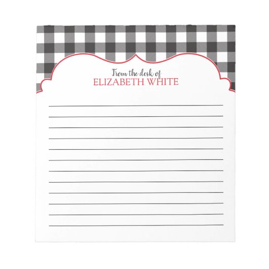 パーソナライズされた白黒レッドバッファロープレイド ノートパッド (正面)