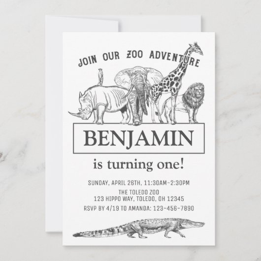 パーソナライズされた白黒動物園動物誕生日 招待状 (正面)