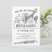 パーソナライズされた白黒動物園動物誕生日 招待状 (スタンド正面)