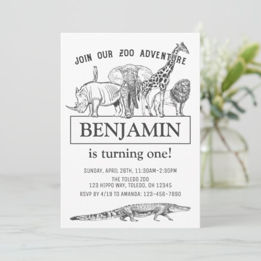 パーソナライズされた白黒動物園動物誕生日 招待状 (スタンド正面)