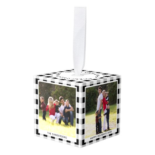 パーソナライズされた白黒格子写真クリスマス キューブオーナメント (正面アングル)