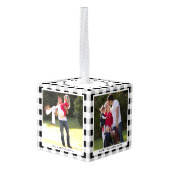 パーソナライズされた白黒格子写真クリスマス キューブオーナメント (裏面アングル)