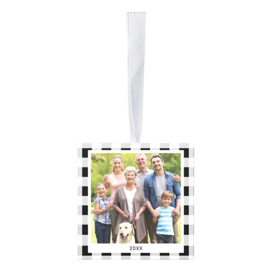 パーソナライズされた白黒格子模様のクリスマスフォト キューブオーナメント (右)