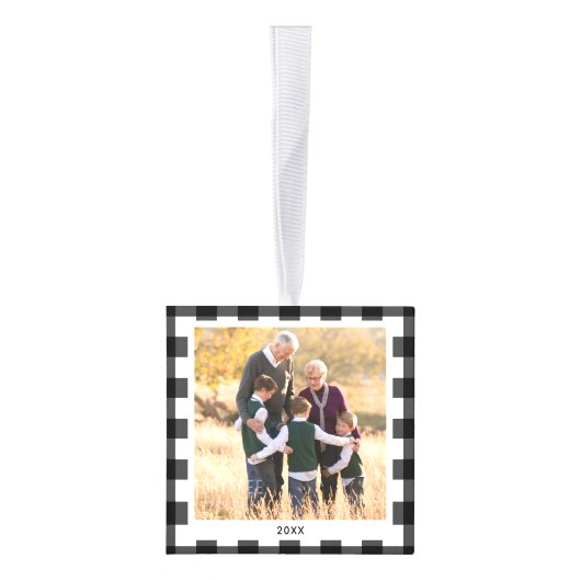 パーソナライズされた白黒格子模様のクリスマスフォト キューブオーナメント (右)