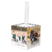 パーソナライズされた白黒格子模様のクリスマスフォト キューブオーナメント (正面アングル)