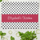 パーソナライズされた白黒水玉模様赤 キッチンタオル (折り畳み)