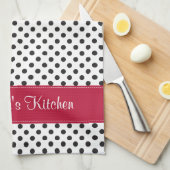 パーソナライズされた白黒水玉模様赤 キッチンタオル (四つ折り)