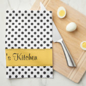 パーソナライズされた白黒水玉模様黄 キッチンタオル (四つ折り)
