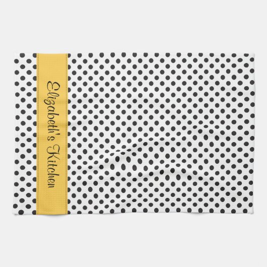 パーソナライズされた白黒水玉模様黄 キッチンタオル (横)