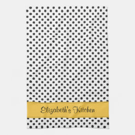 パーソナライズされた白黒水玉模様黄 キッチンタオル