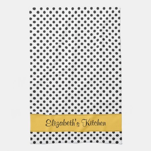 パーソナライズされた白黒水玉模様黄 キッチンタオル (縦)