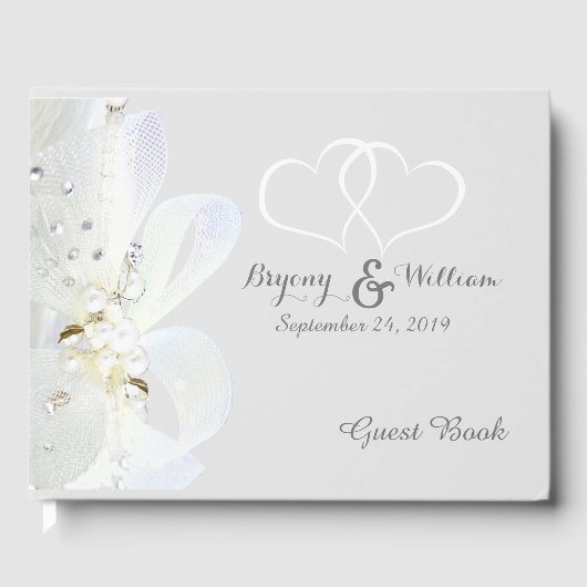 パーソナライズされた真珠とレース結婚の ゲストブック (正面)