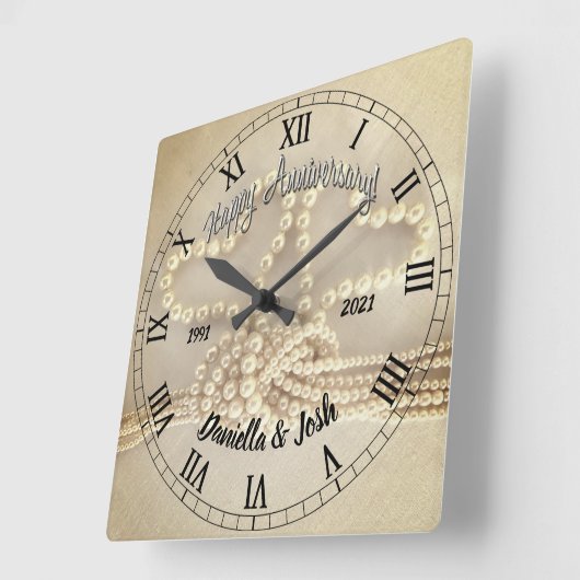 パーソナライズされた真珠30周年結婚記念 スクエア壁時計 (傾斜)