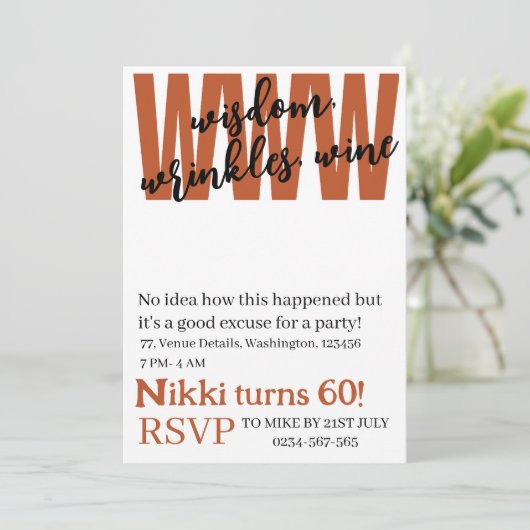 パーソナライズされた知恵、しわ、ワインの誕生おもしろい日 招待状 (スタンド正面)