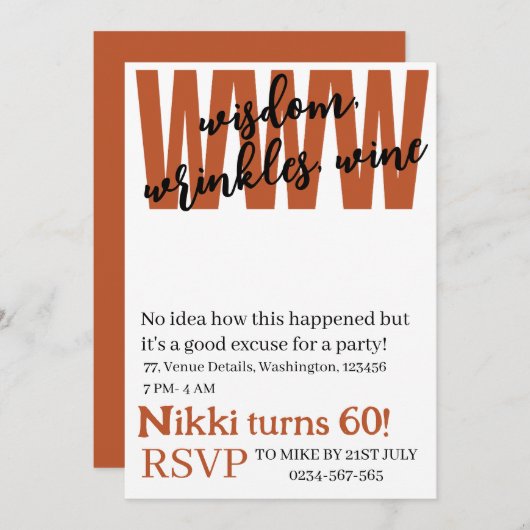 パーソナライズされた知恵、しわ、ワインの誕生おもしろい日 招待状 (正面/裏面)