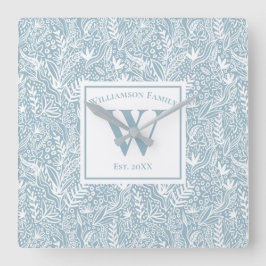 パーソナライズされた石板ブルーとホワイトフローラ スクエア壁時計