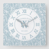 パーソナライズされた石板ブルーとホワイトフローラ スクエア壁時計 (正面)