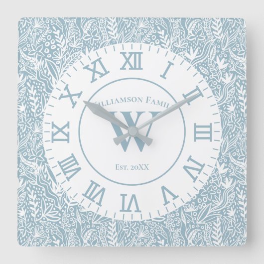 パーソナライズされた石板ブルーとホワイトフローラ スクエア壁時計 (正面)