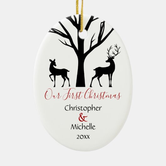 パーソナライズされた第1回クリスマス愛の鹿カップル セラミックオーナメント (裏面)