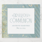 パーソナライズされた第1聖餐式ブルー金ゴールド十字架 スパークリングワインラベル (シングルラベル)