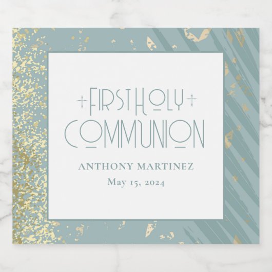 パーソナライズされた第1聖餐式ブルー金ゴールド十字架 スパークリングワインラベル (シングルラベル)