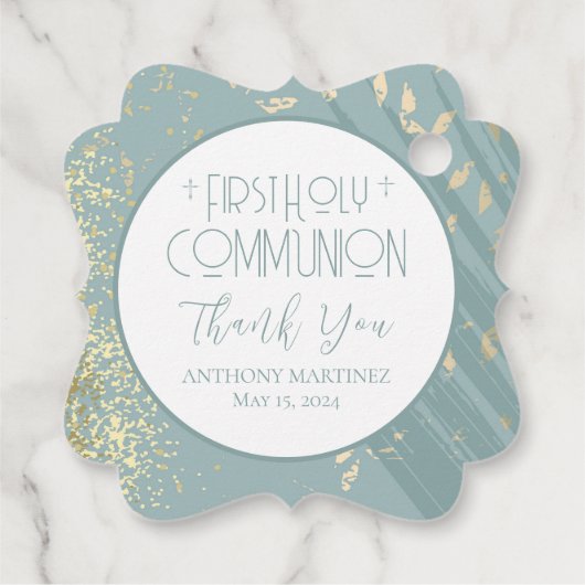 パーソナライズされた第1聖餐式ブルー金ゴールド十字架 フェイバータグ (裏面)