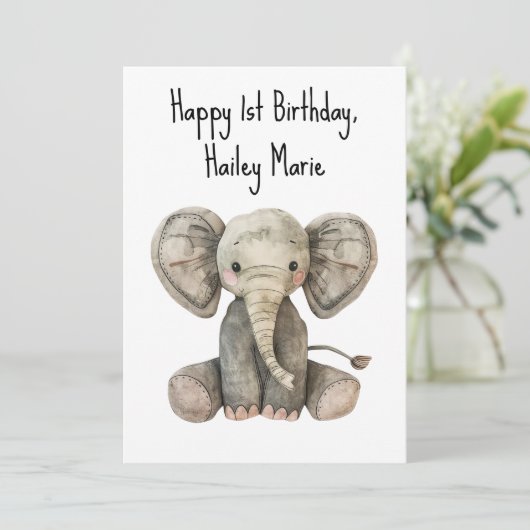 パーソナライズされた第1誕生日詰まった象 カード (スタンド正面)
