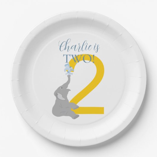 パーソナライズされた第2回誕生日グレーエレファントプレート ペーパープレート (正面)